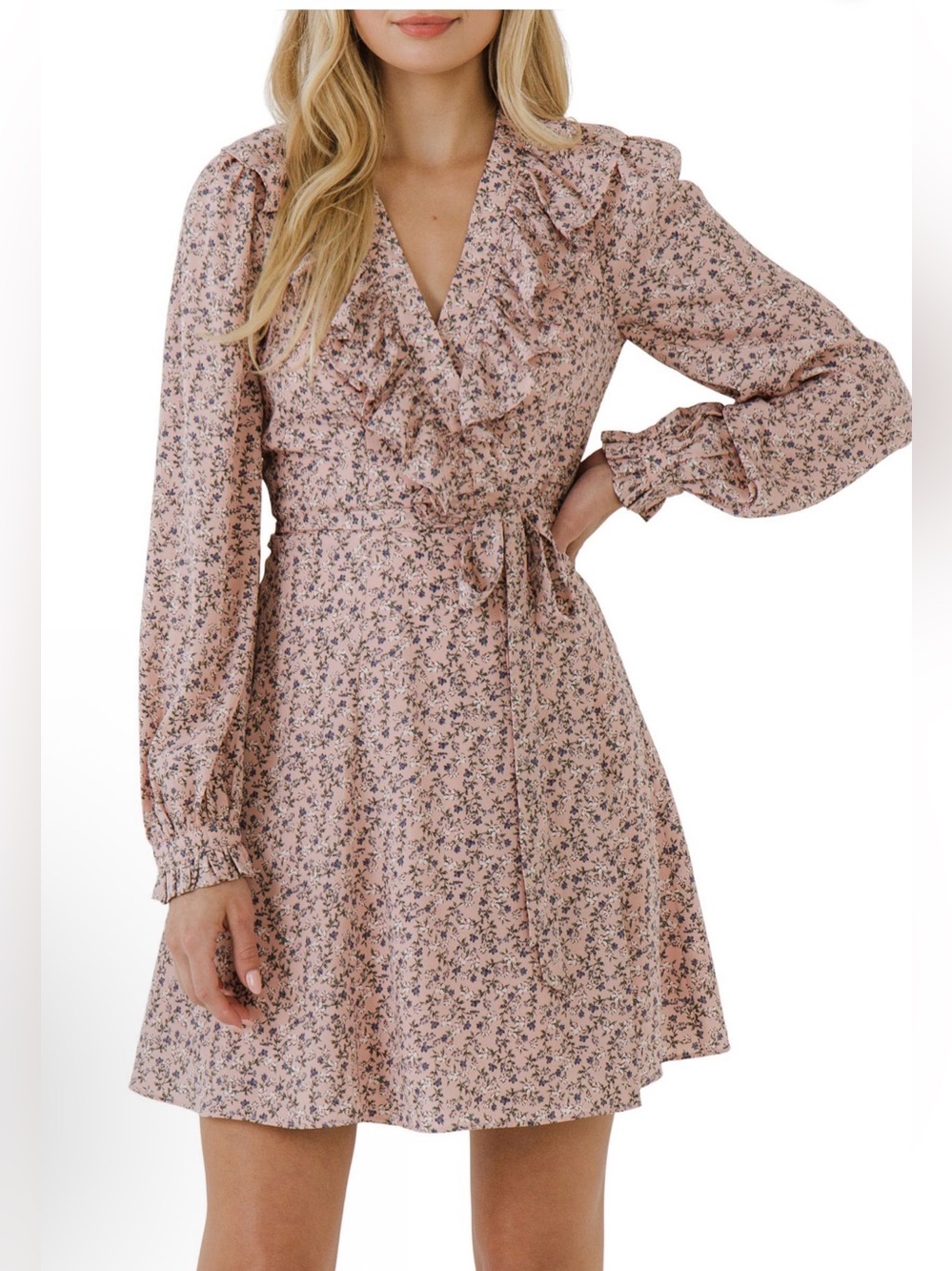 Free the Roses Anthropologie Floral Ruffle Wrap Mini Dress Pink XS NWT
